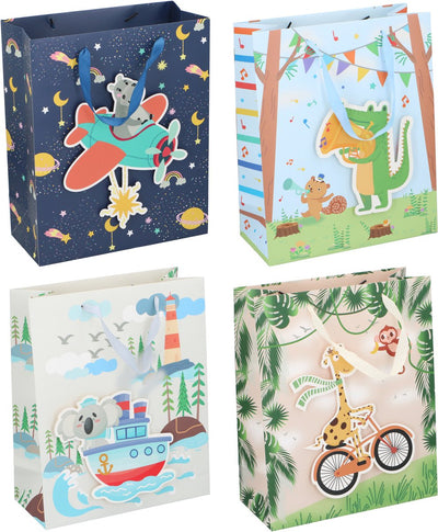 Sans Marque Geschenktüte für Kinder mit Henkel - Geschenktüte für Geschenke - Geschenktüte aus Papier mit Tierillustrationen - Geschenkverpackung für Geburtstag oder Kinderparty - 1 zufällige Variante