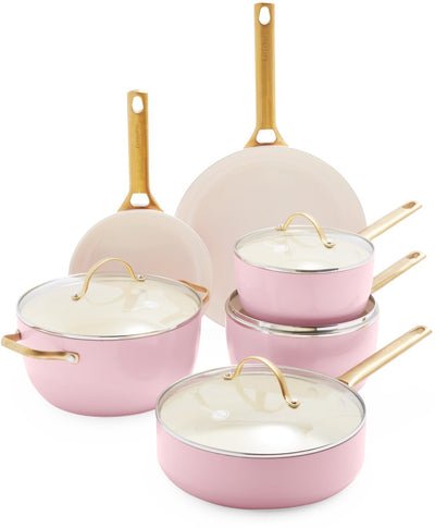Greenpan Padova Aluminium-Pfannenset 10-teilig – ø18cm-28cm – PFAS-frei – Induktion – ofenfest bis 200 Grad – goldene Edelstahlgriffe – rosa – inkl. Deckel