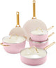 Greenpan Padova Aluminium-Pfannenset 10-teilig – ø18cm-28cm – PFAS-frei – Induktion – ofenfest bis 200 Grad – goldene Edelstahlgriffe – rosa – inkl. Deckel