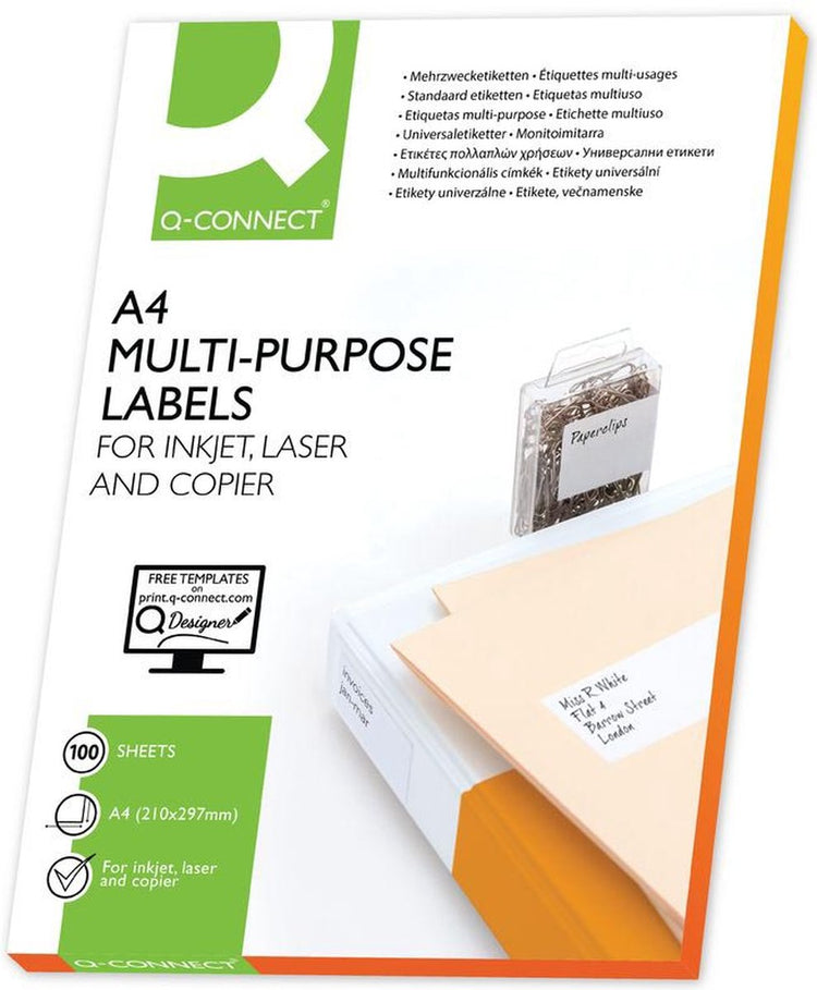 Markenlose, selbstklebende Etiketten Q-Connect KF10664, weiß, 100 Blatt, 210 x 297 mm
