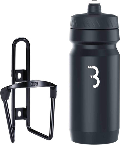 BBB Fahrrad-Kraftstofftank – Aluminium-Flaschenhalter mit Flasche – 550 ml – glänzendes Schwarz und Weiß – Rennrad Mountainbike – Trinkflaschenhalter Fahrrad – BBC-03C