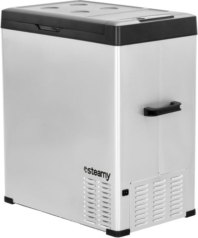 Steamy -e Einzonen-Kühlbox mit elektrischem Kompressor – Einzelzone – 64 Liter – 12 V und 230 V – für Auto und Camping – Silber