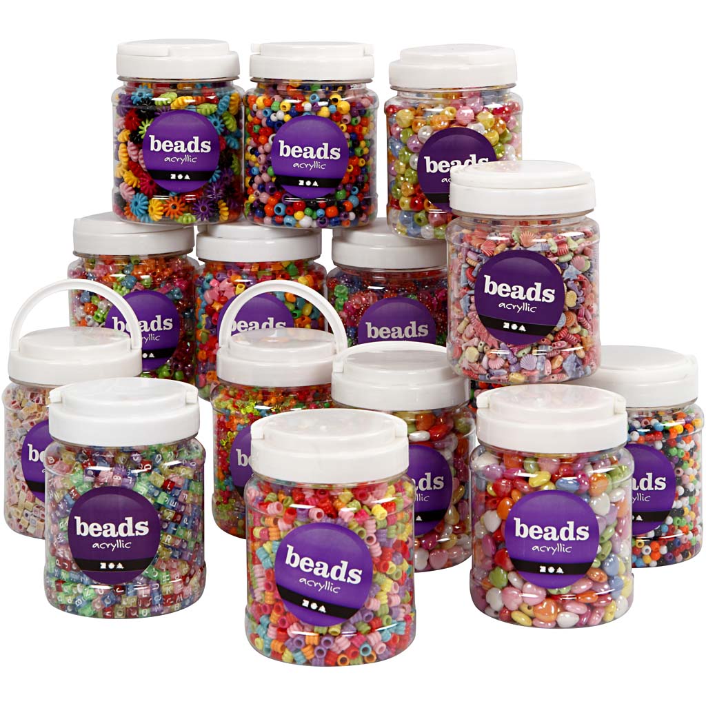 Creativ Company Kunststoffperlen, Größe 6-15 mm, Lochgröße 1,5-6 mm, verschiedene Farben, 16x700 ml 1 Box