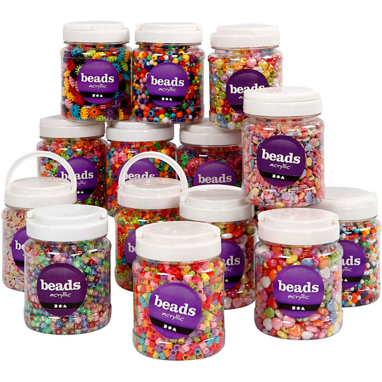 Creativ Company Kunststoffperlen, Größe 6-15 mm, Lochgröße 1,5-6 mm, verschiedene Farben, 16x700 ml 1 Box