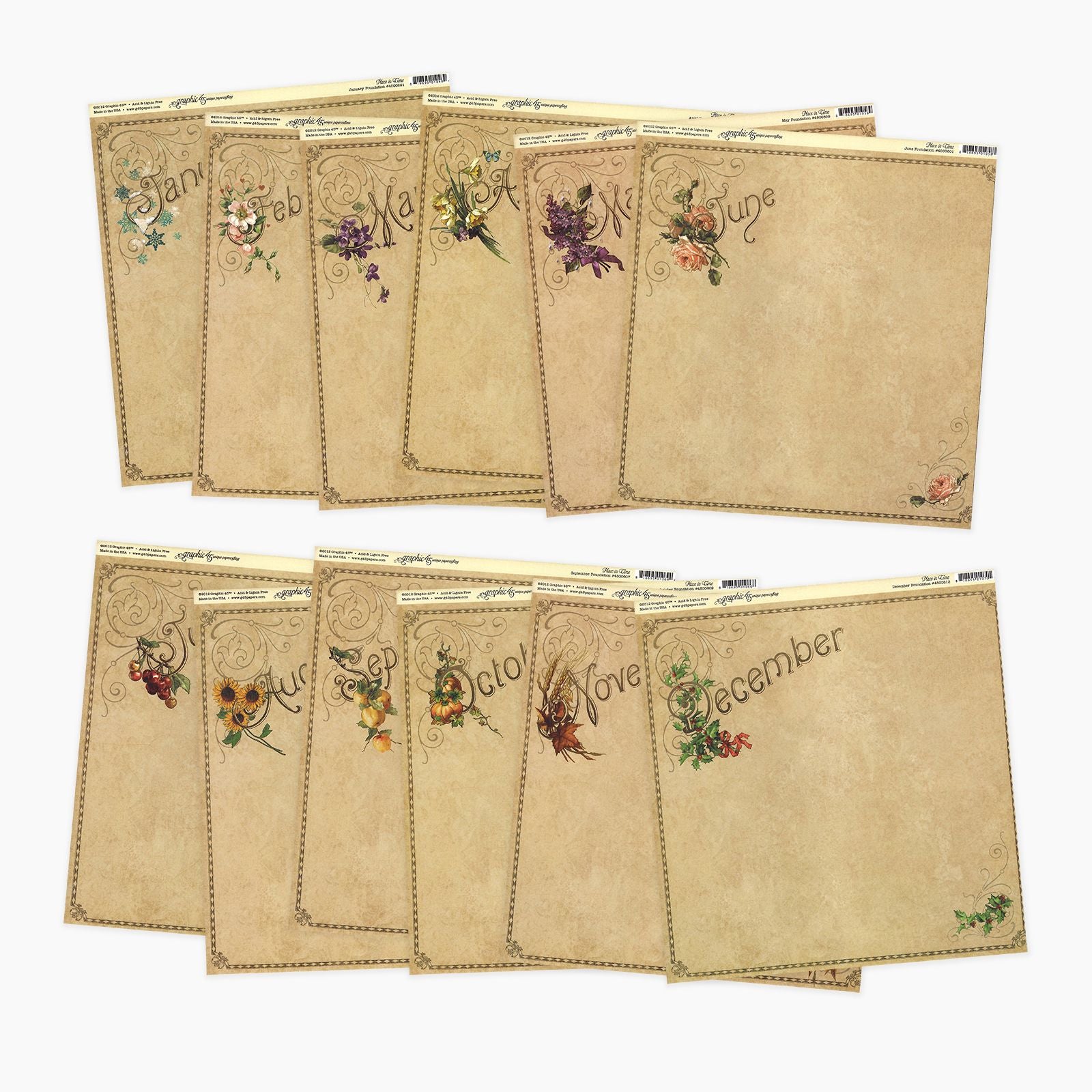 Graphic45 • Kalender-Scrapbook-Papiersortiment 30,5x30,5cm 12tlg