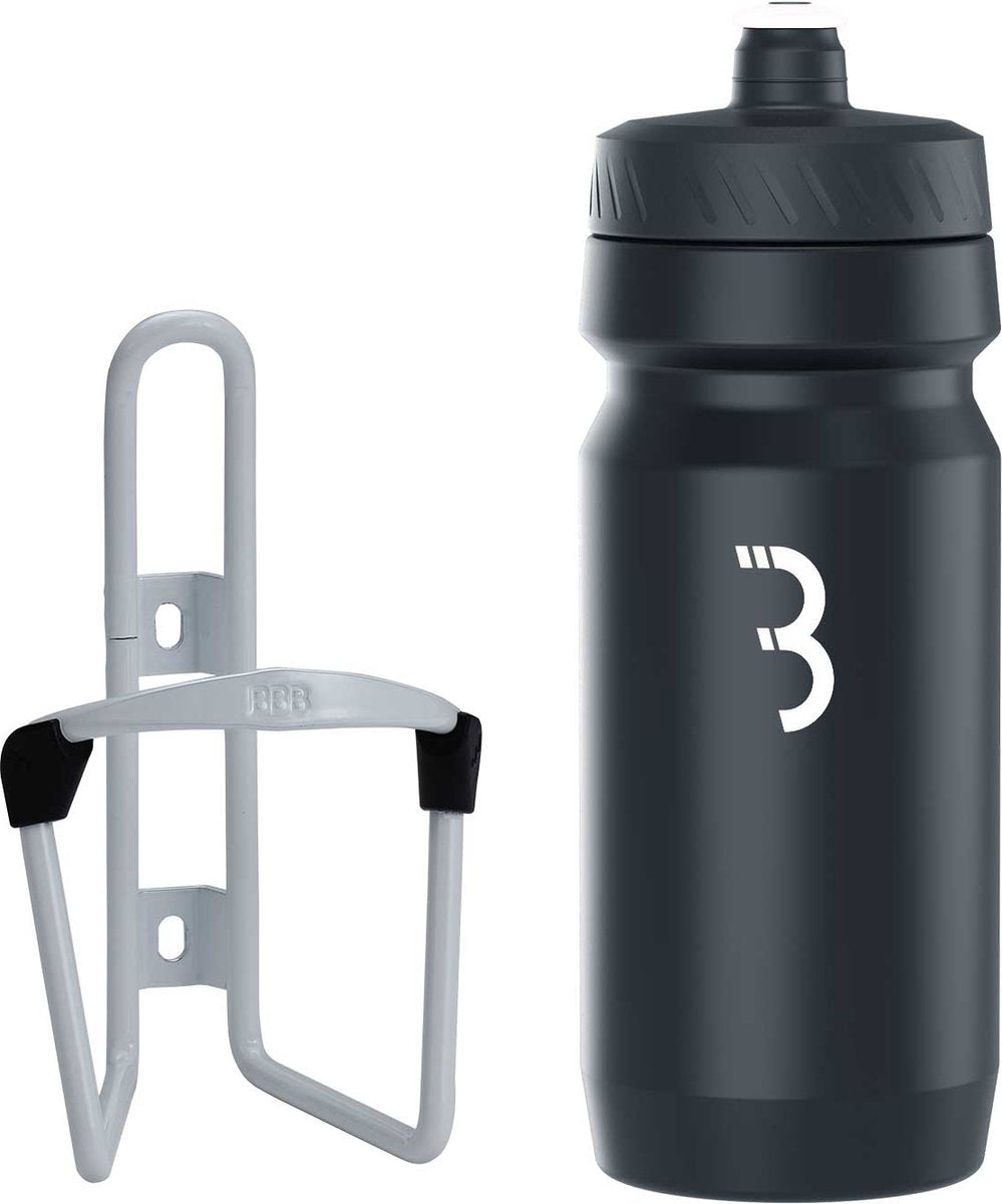 BBB Fahrrad-Kraftstofftank – Aluminium-Flaschenhalter mit Flasche – 550 ml – weiß schwarz – Rennrad Mountainbike – Trinkflaschenhalter Fahrrad – BBC-03C