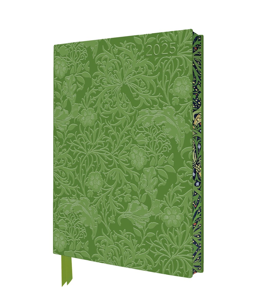 Flame Tree William Morris: Seaweed 2025 Artisan Art Tagebuchplaner aus veganem Leder – Ansichtsseite mit Notizen
