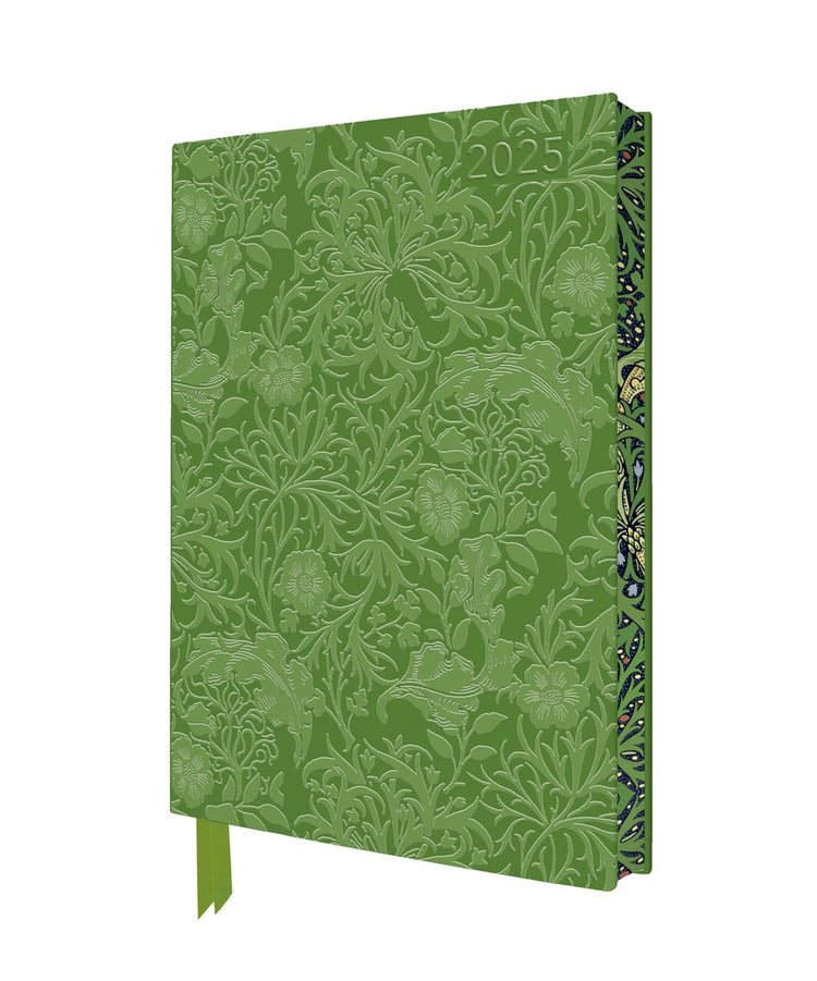 Flame Tree William Morris: Seaweed 2025 Artisan Art Tagebuchplaner aus veganem Leder – Ansichtsseite mit Notizen