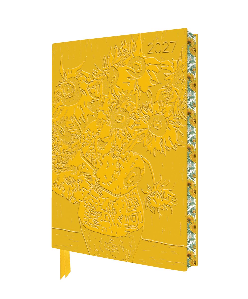Vincent van Gogh: Sonnenblumen 2027, kunstvoller Tagebuchplaner aus veganem Leder – Seitenansicht mit Notizen
