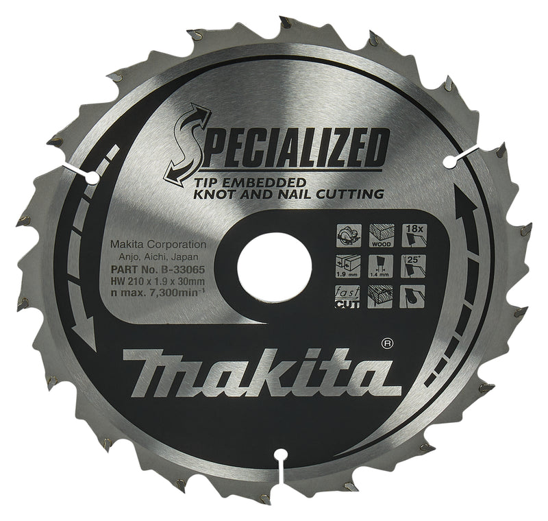 Makita Zubehör Kreissägeblatt Holz (Knotennagel) Spitze 210 x 30 x 1,9 18 Zähne 25 g – B-33065