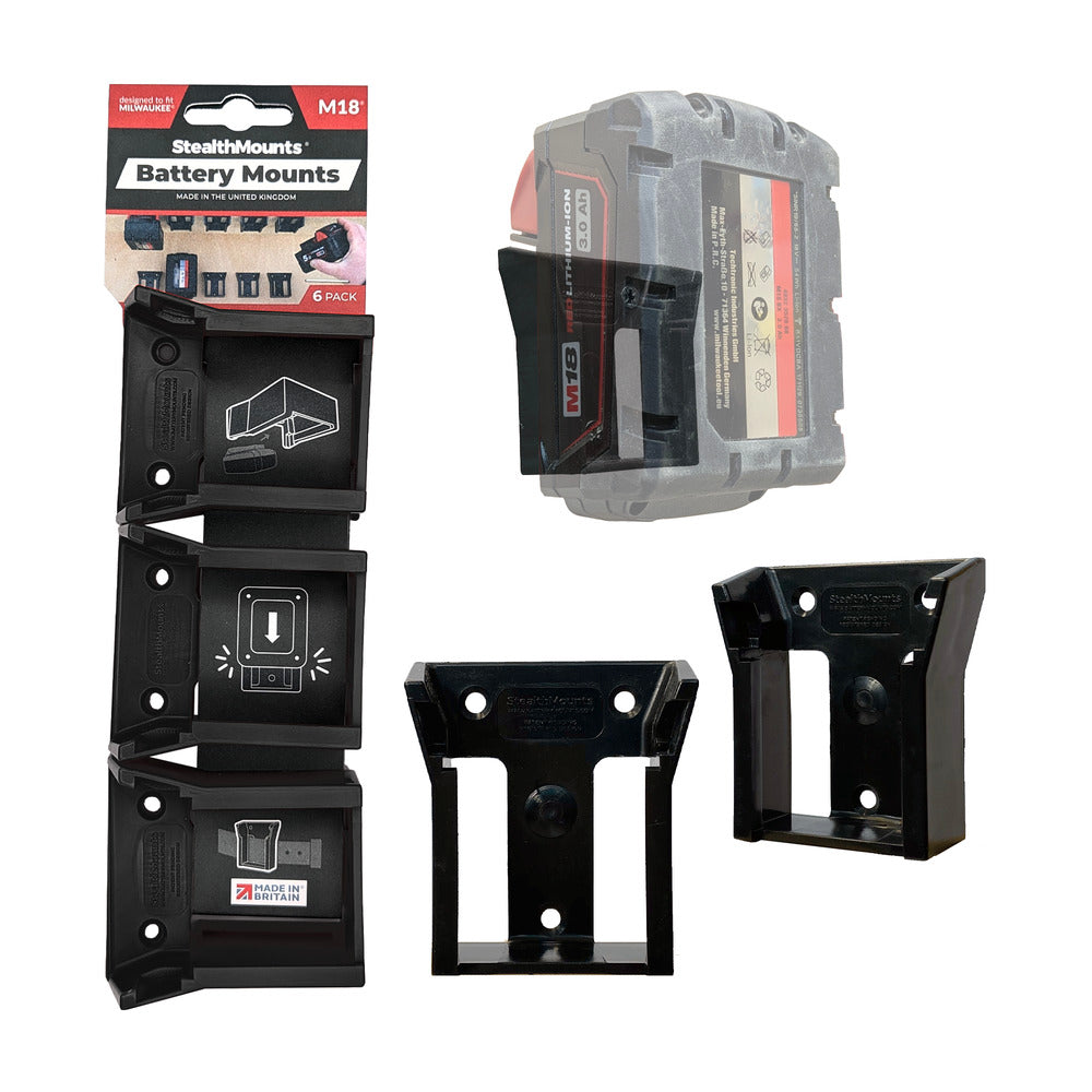 Stealth montiert Batteriehalter für Milwaukee M18 18V | schwarz | 6 Stück - bm-mw18-blk-6