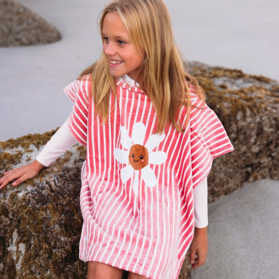 Daisy Flower | Rot weiße Baumwollstrand Poncho 65 x 65 cm