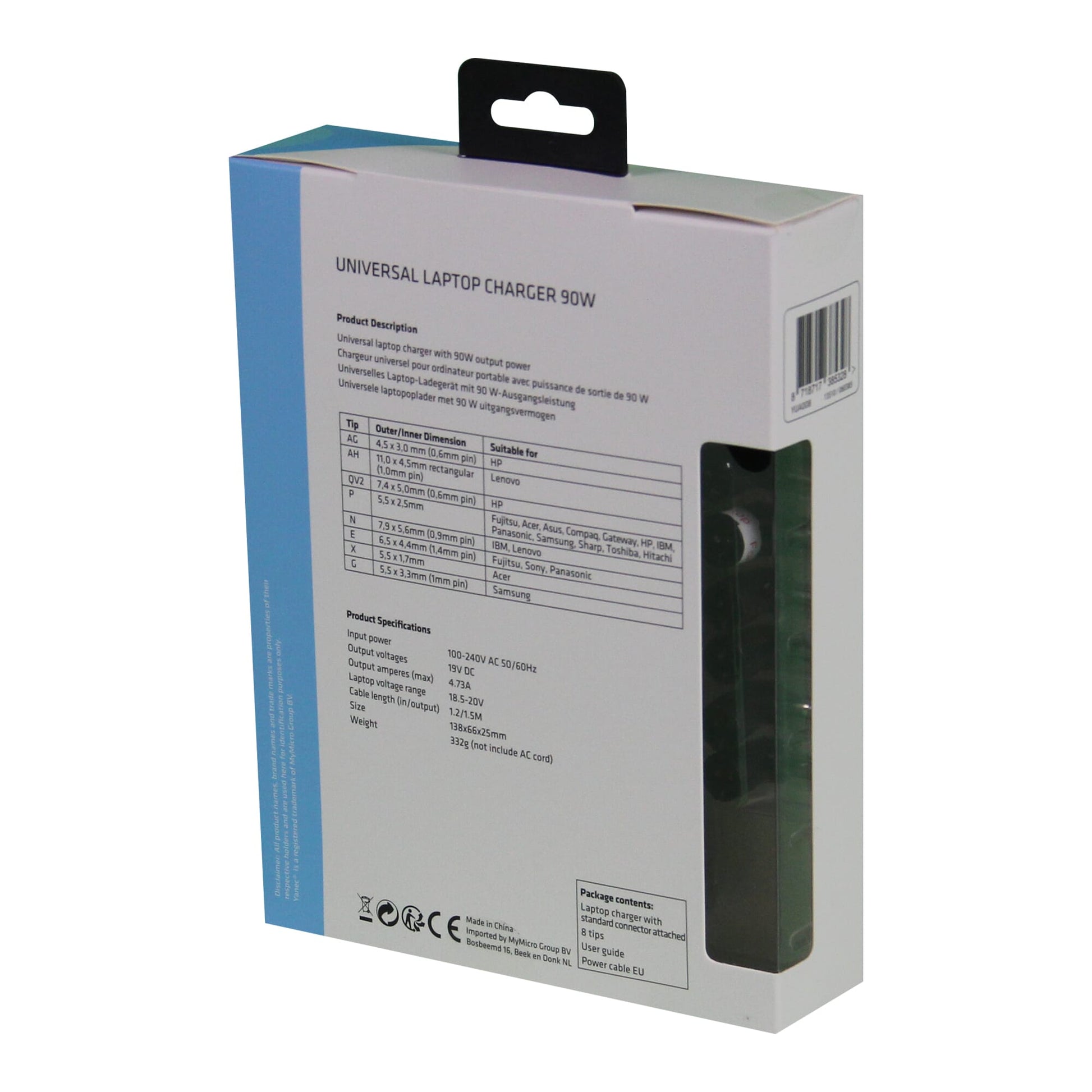 Yanec Universal Laptop Adapter 90W mit 8 Spitzen schwarz