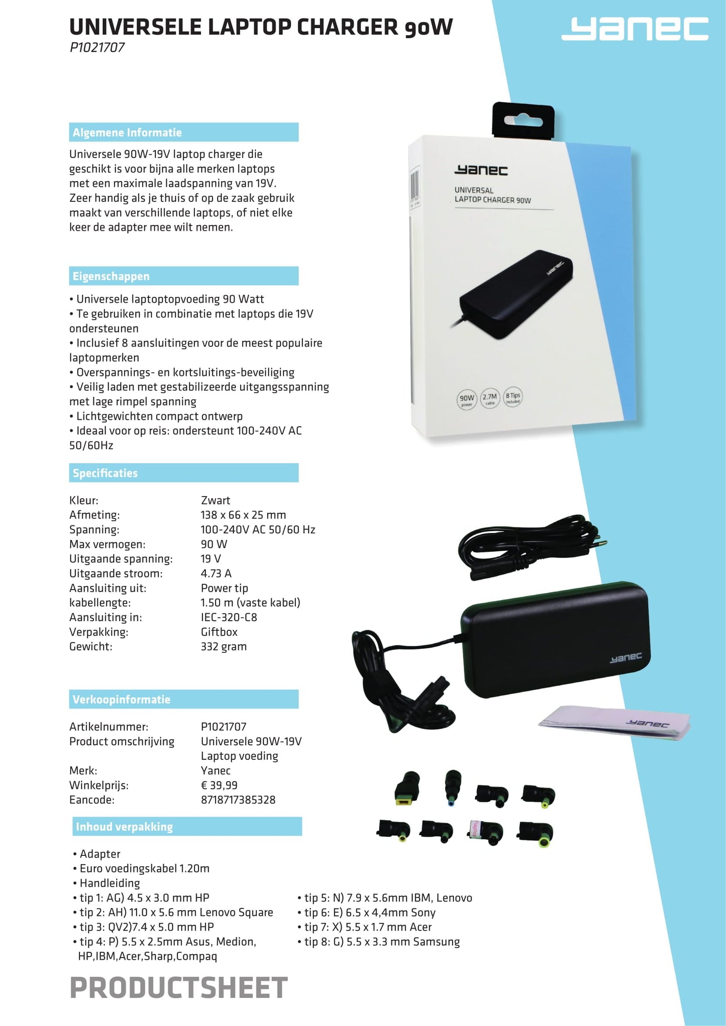Yanec Universal Laptop Adapter 90W mit 8 Spitzen schwarz