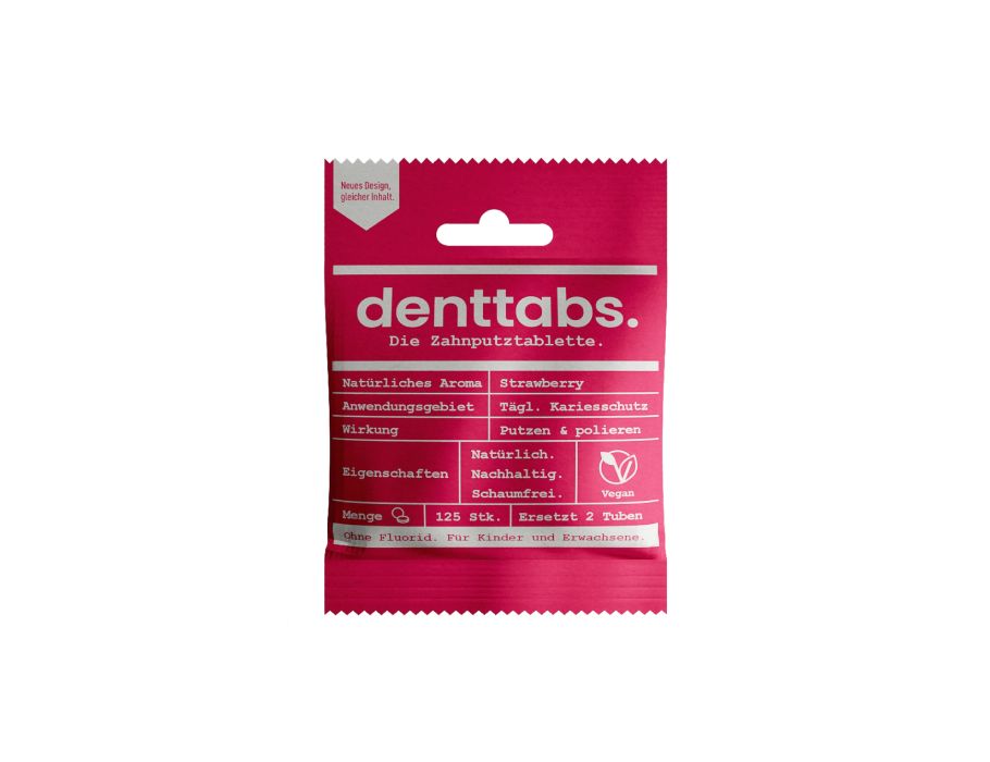 Denttabs Zahnpasta -Tabletten ohne Fluor -Erdbeere