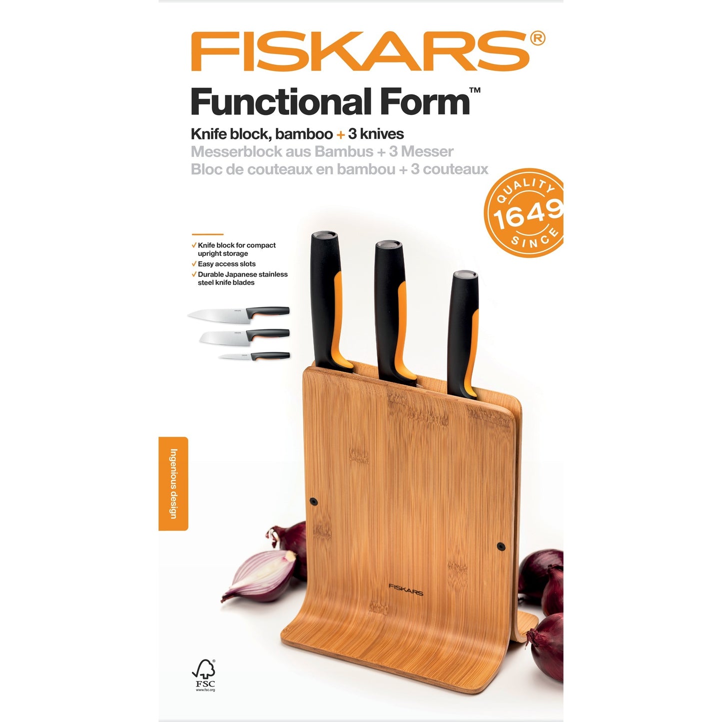 Fiskars Functional Form Bamboo Messerblock mit 3 Messern
