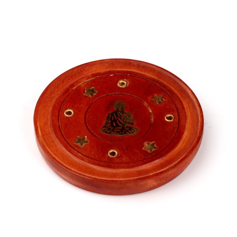Mango Wood Round Weihrauchhalter Buddha Inlay