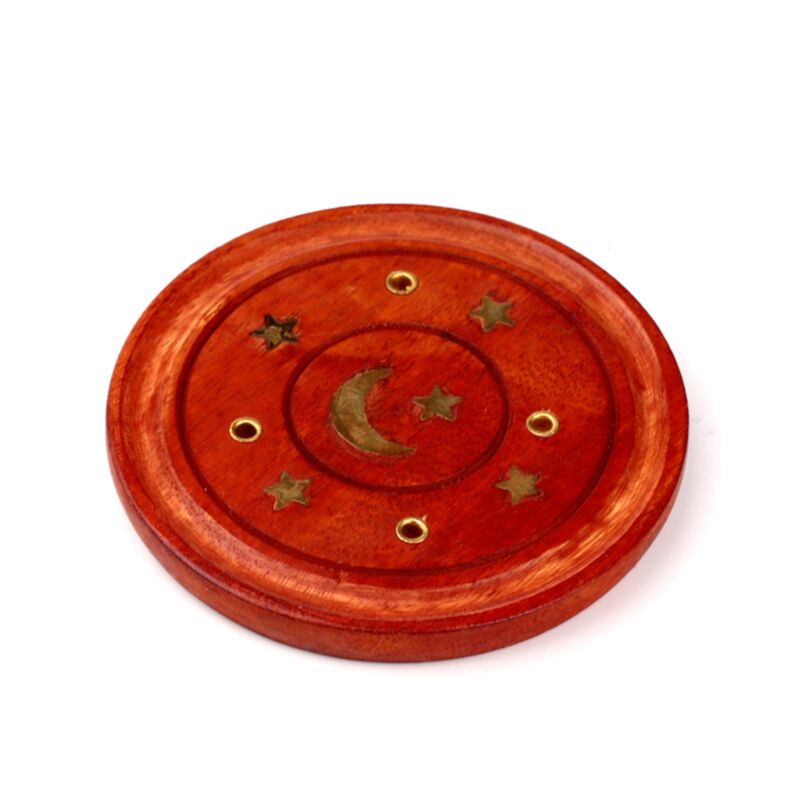 Mango Wood Round Weihrauchhalter Mondsterne inlay