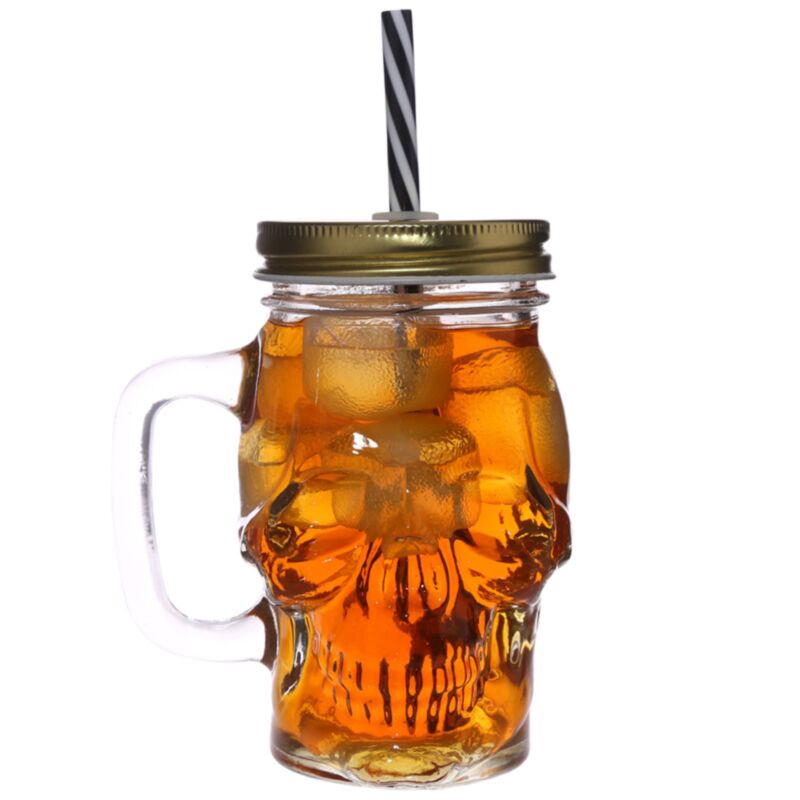 Schädel -verdrängter Maurerglasglas -Trinkbecher mit Stroh und Deckung