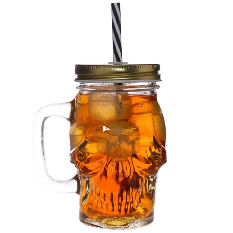Schädel -verdrängter Maurerglasglas -Trinkbecher mit Stroh und Deckung