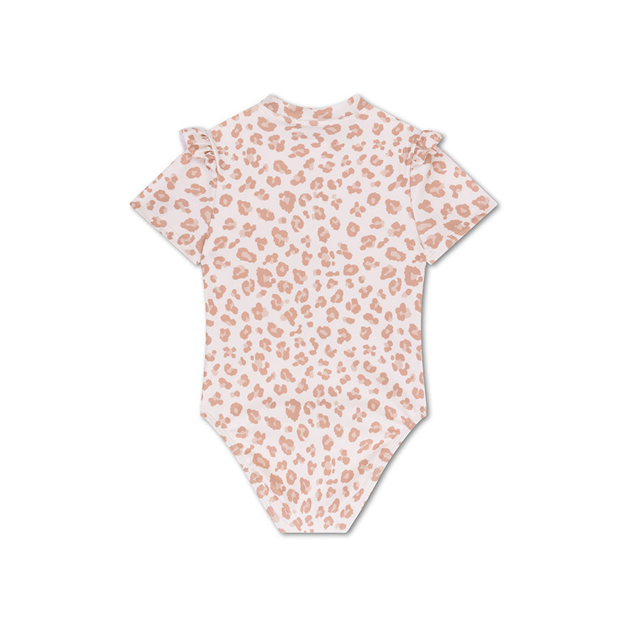 Leopard | Beige Girls UV Badeanzug mit kurzen Ärmeln