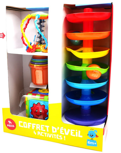 4 -Teil -Baby -Geschenkset mit Ball Tower Stapel Tasse Perlenrahmen und Spielwürfel.