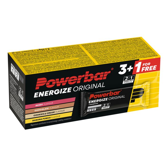 Powerbar Energize Multipack (9 Packungen oder 3+1 x 55 g) – Schokolade + Kekscreme + Banane + Beere