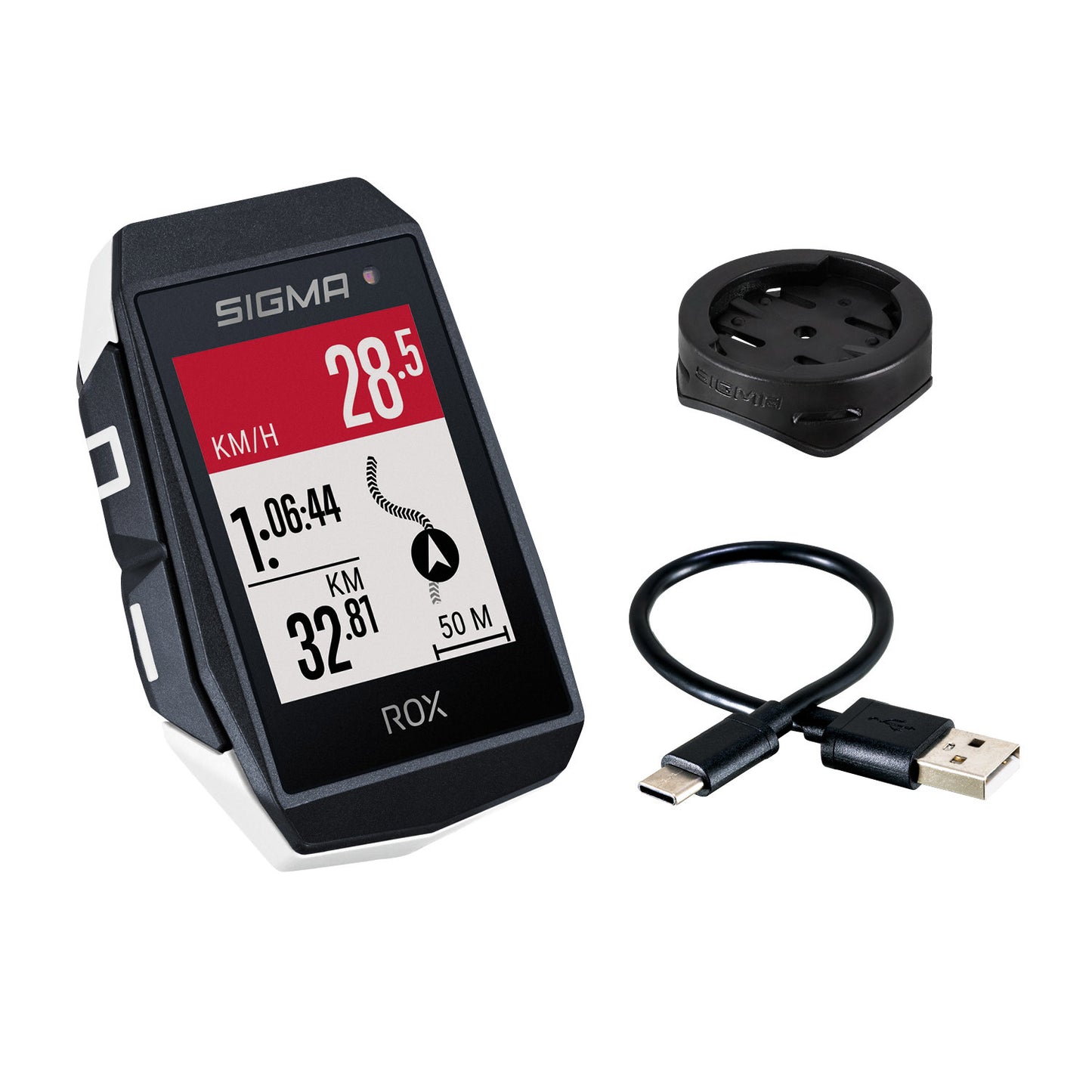 Sigma Rox 11.1 EVO GPS Schwarz Weiß Standard-Lenkerhalterung + USB-C-Ladekabel