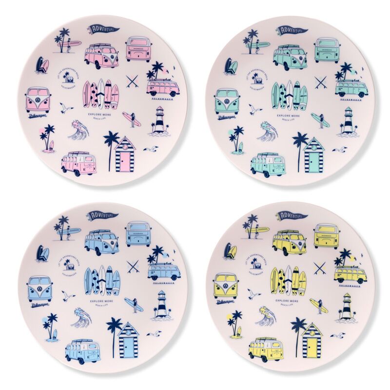 VW T1 Volkswagen Van Explore -Set von 4 nachhaltigen RPET -Picknickzeichen Erkunden