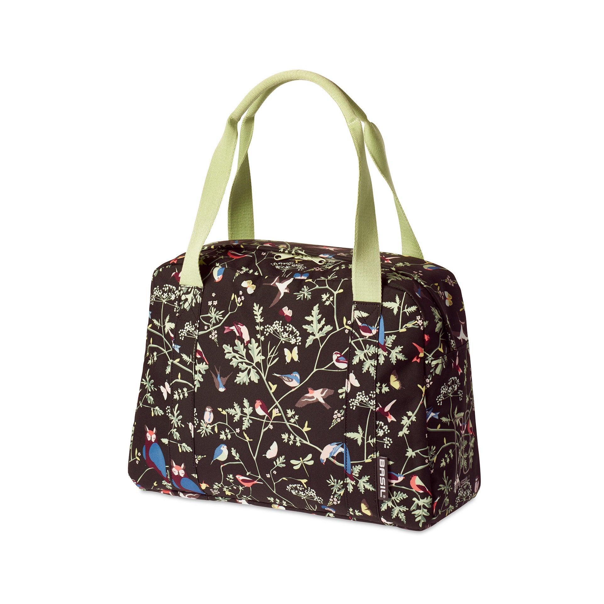 Basil Wanderlust Carry All Bag - schwarze Fahrradhandtasche mit buntem Vogeldruck