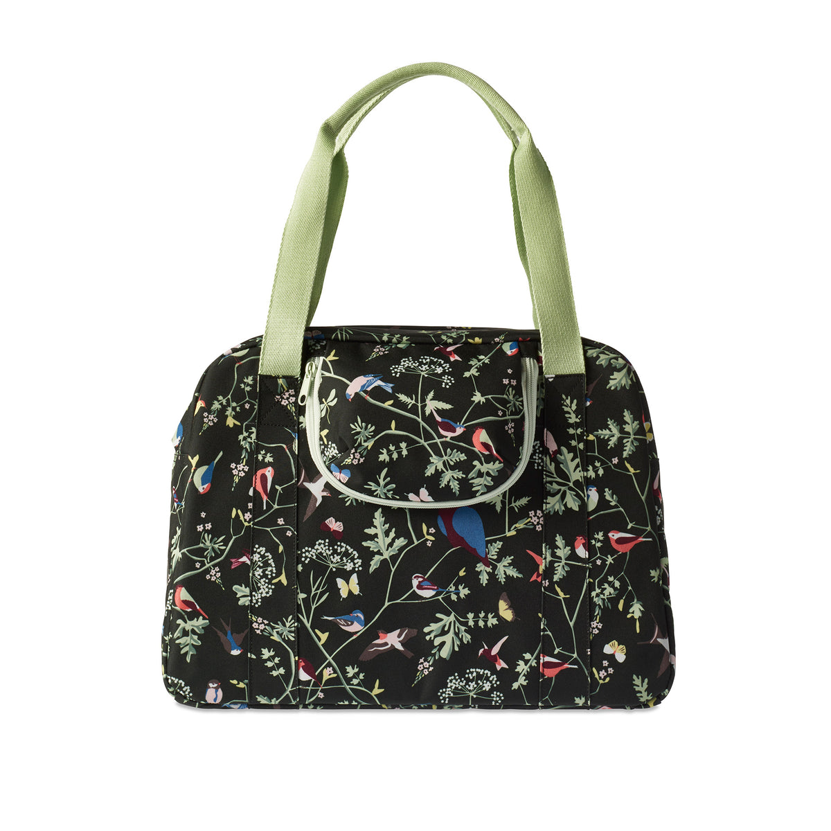 Basil Wanderlust Carry All Bag - schwarze Fahrradhandtasche mit buntem Vogeldruck