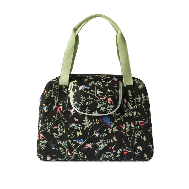 Basil Wanderlust Carry All Bag - schwarze Fahrradhandtasche mit buntem Vogeldruck