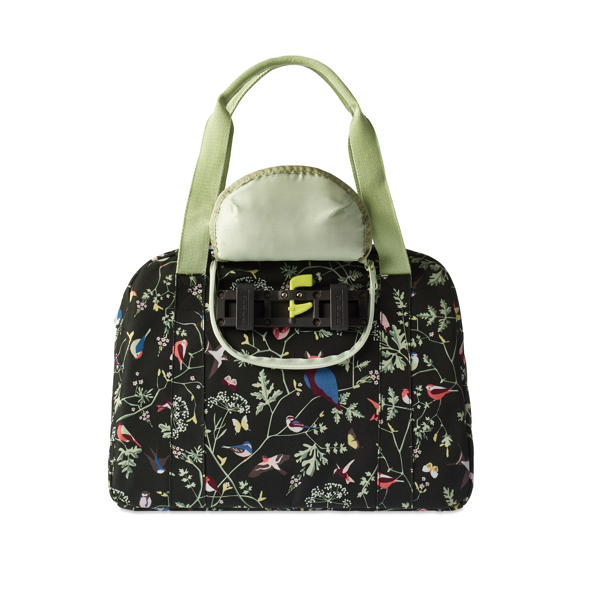 Basil Wanderlust Carry All Bag - schwarze Fahrradhandtasche mit buntem Vogeldruck