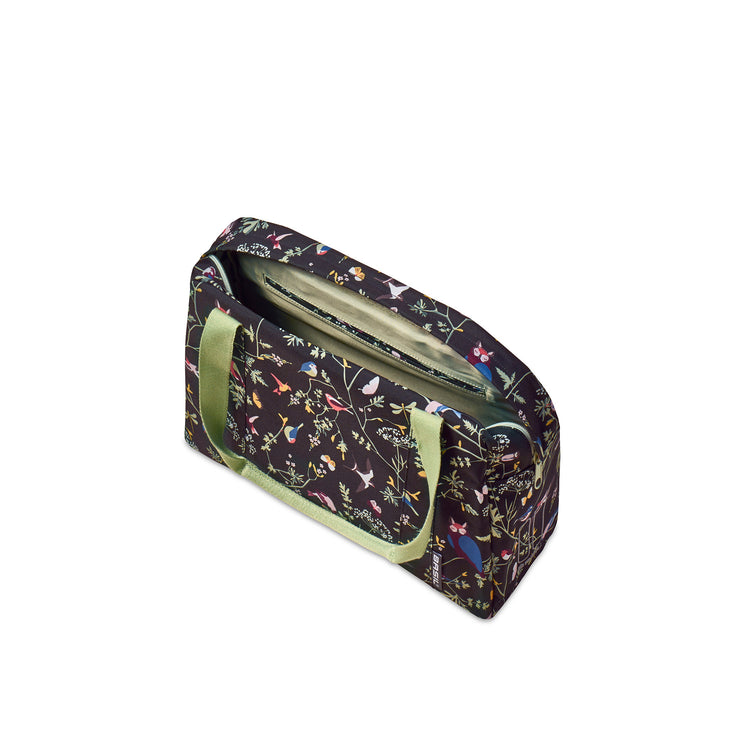 Basil Wanderlust Carry All Bag - schwarze Fahrradhandtasche mit buntem Vogeldruck