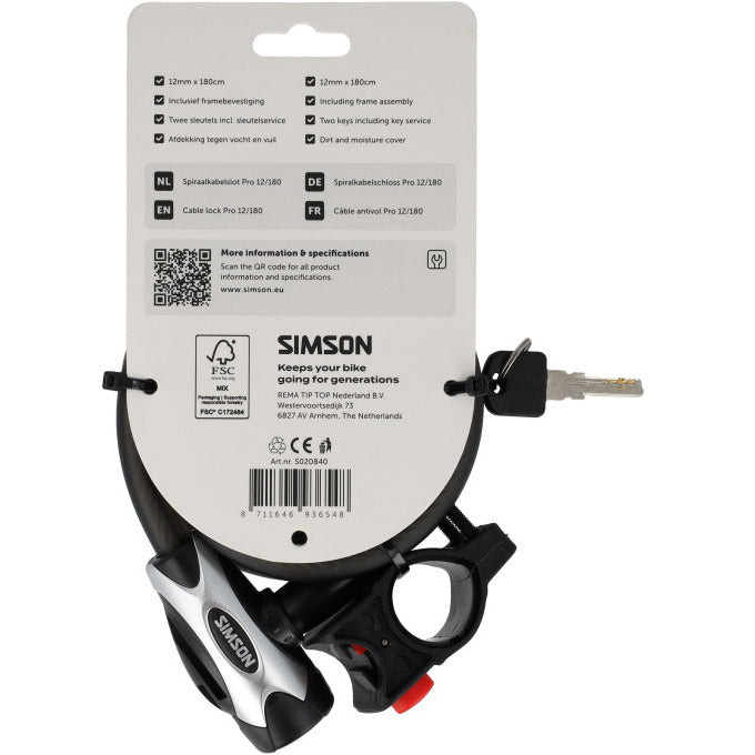 Simson Spiralkabelschloss Pro Größe XXL 12 mm x 180 cm