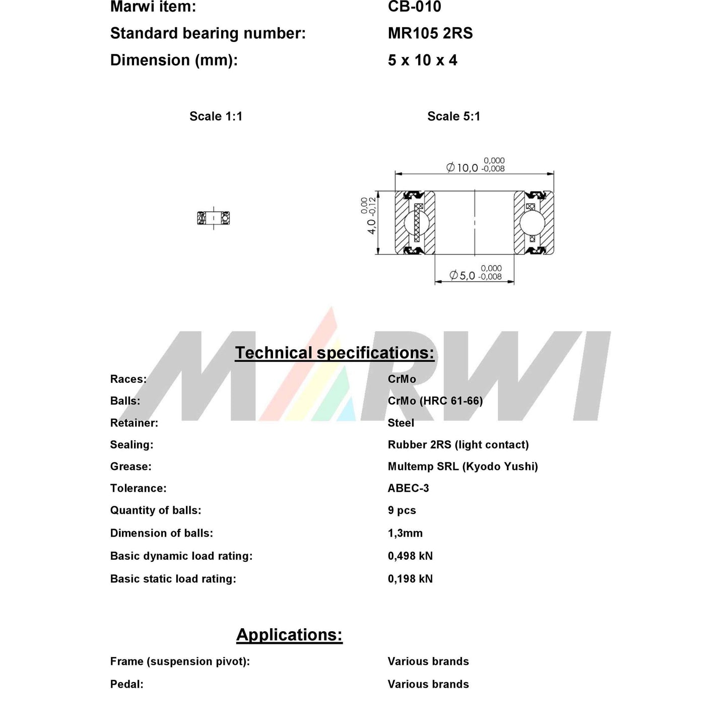 Marwi Kogellager CB-010 MR105 2RS 5x10x4