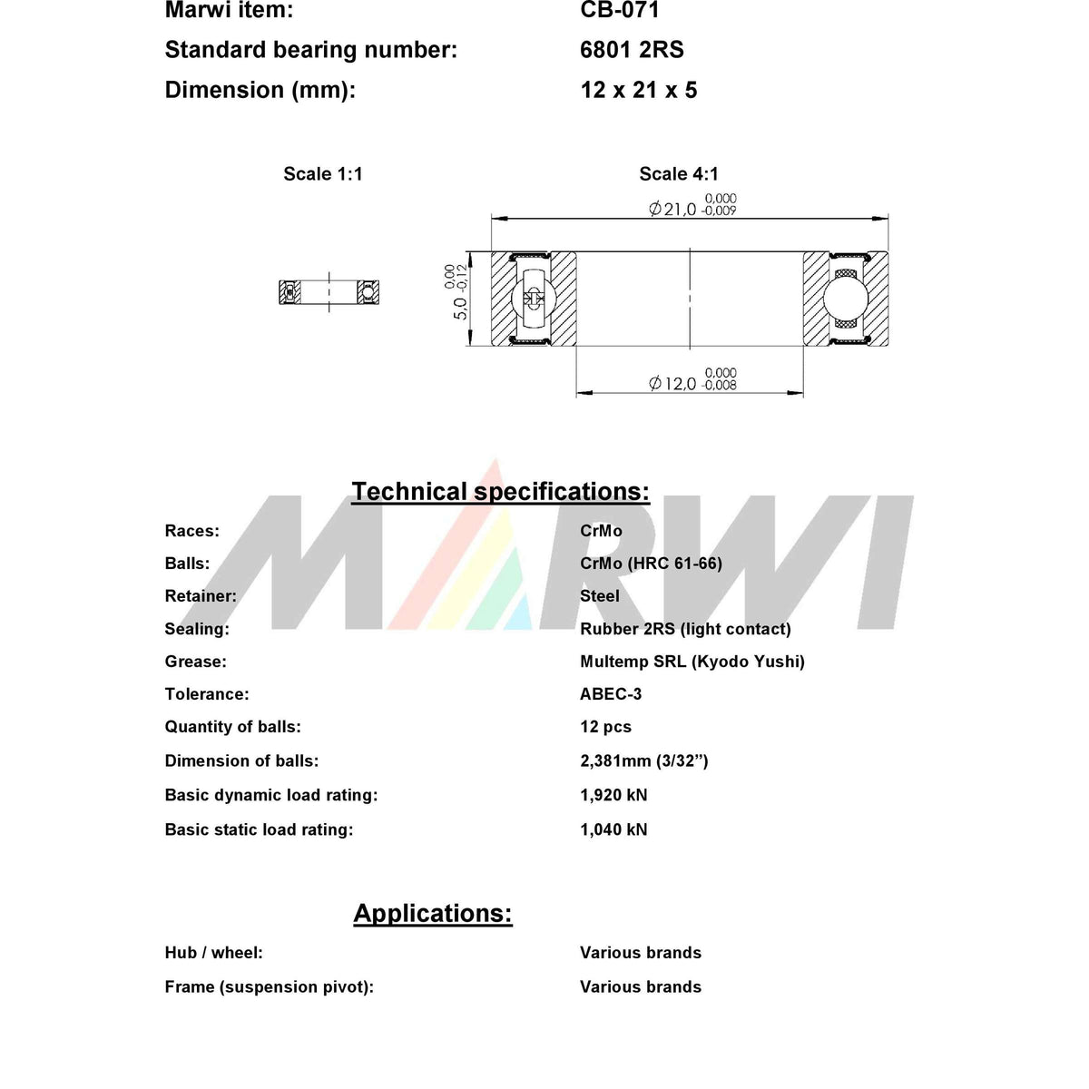 Marwi Kogellager CB-071 6801 2RS 12x21x5