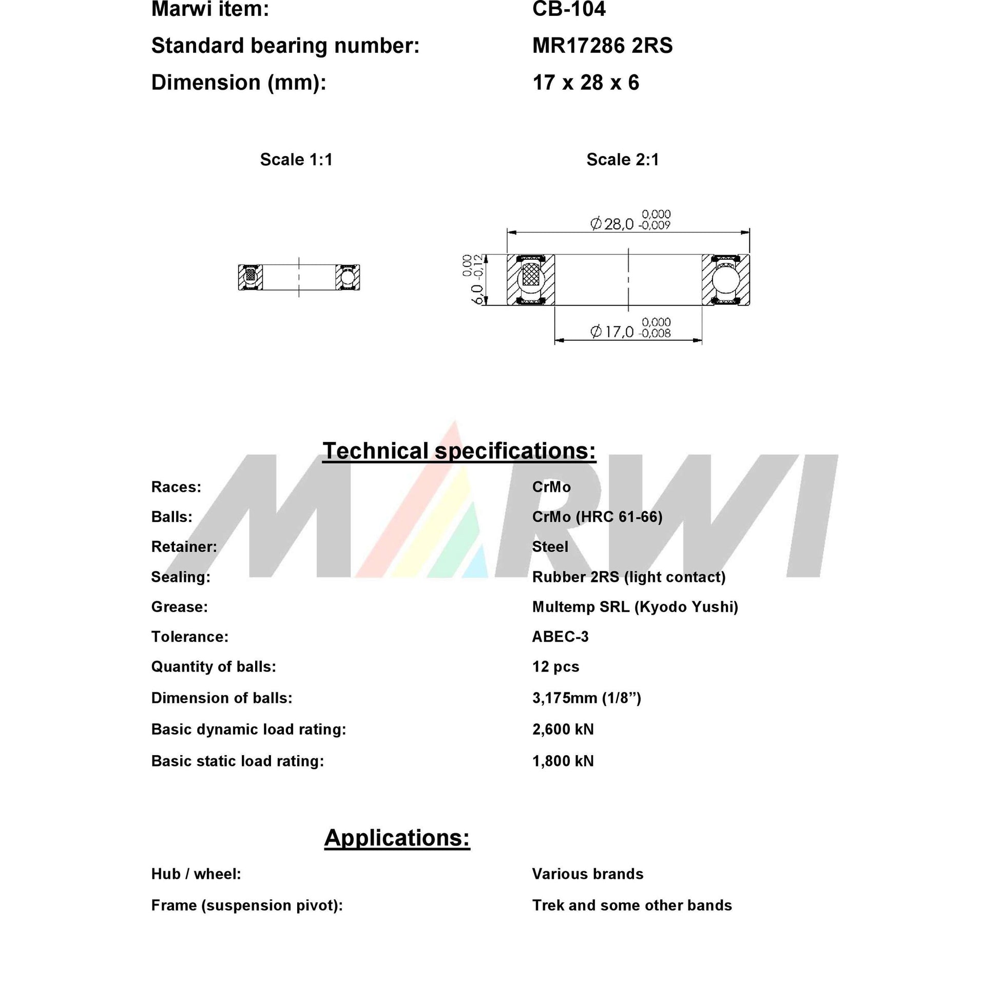 Marwi Kogellager CB-104 MR17286 2RS 17x28x6
