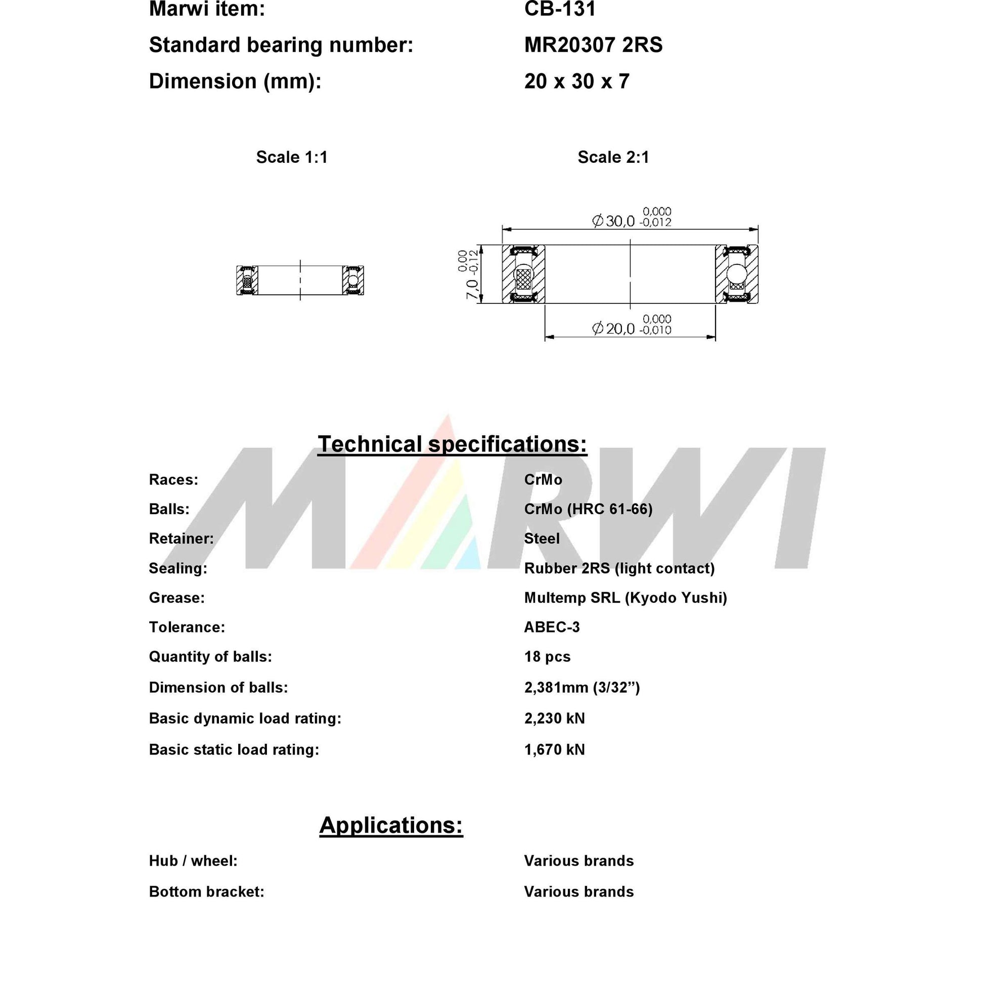 Marwi Kogellager CB-131 MR20307 2RS 20x30x7