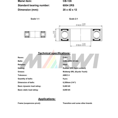 Marwi Kogellager CB-135 6004 2RS 20x42x12