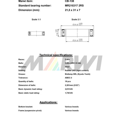 Marwi Kogellager CB-138 MR215317 21,5x31x7