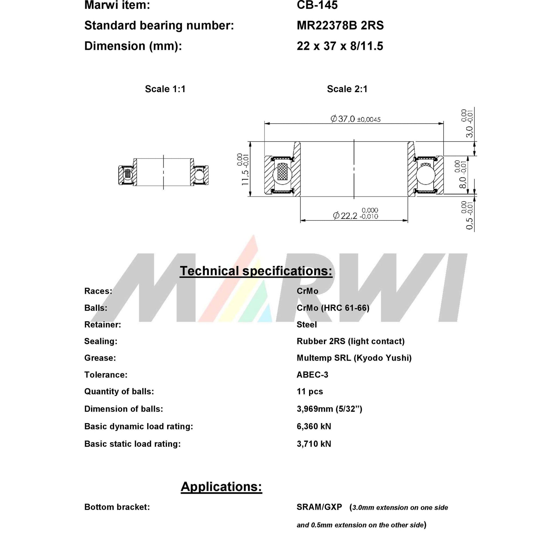 Marwi Kogellager CB-1445 2RS MR22237B 22x23x7 11½ ext