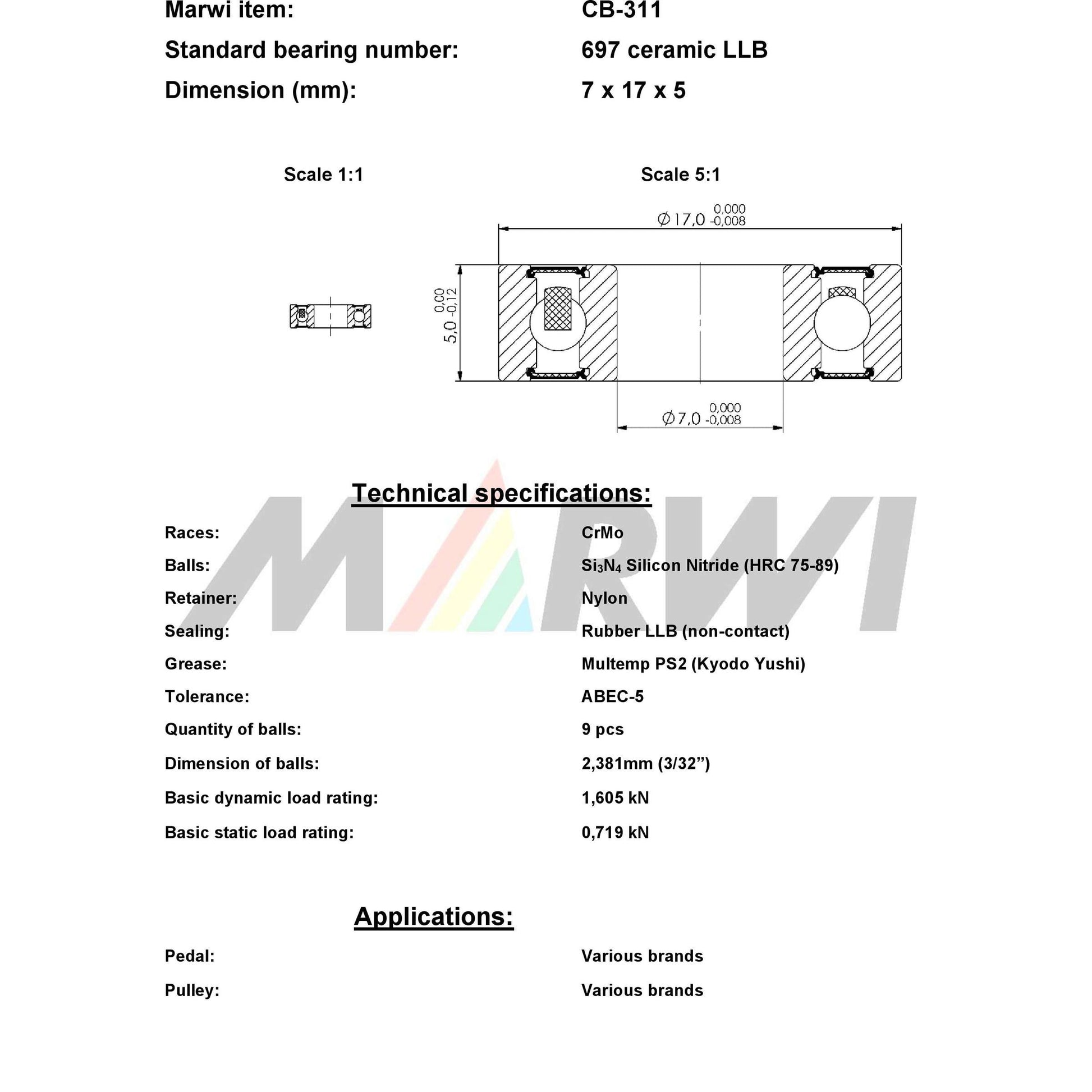 Union Kogellager CB-311 697 LLB 7x17x5 Keramik