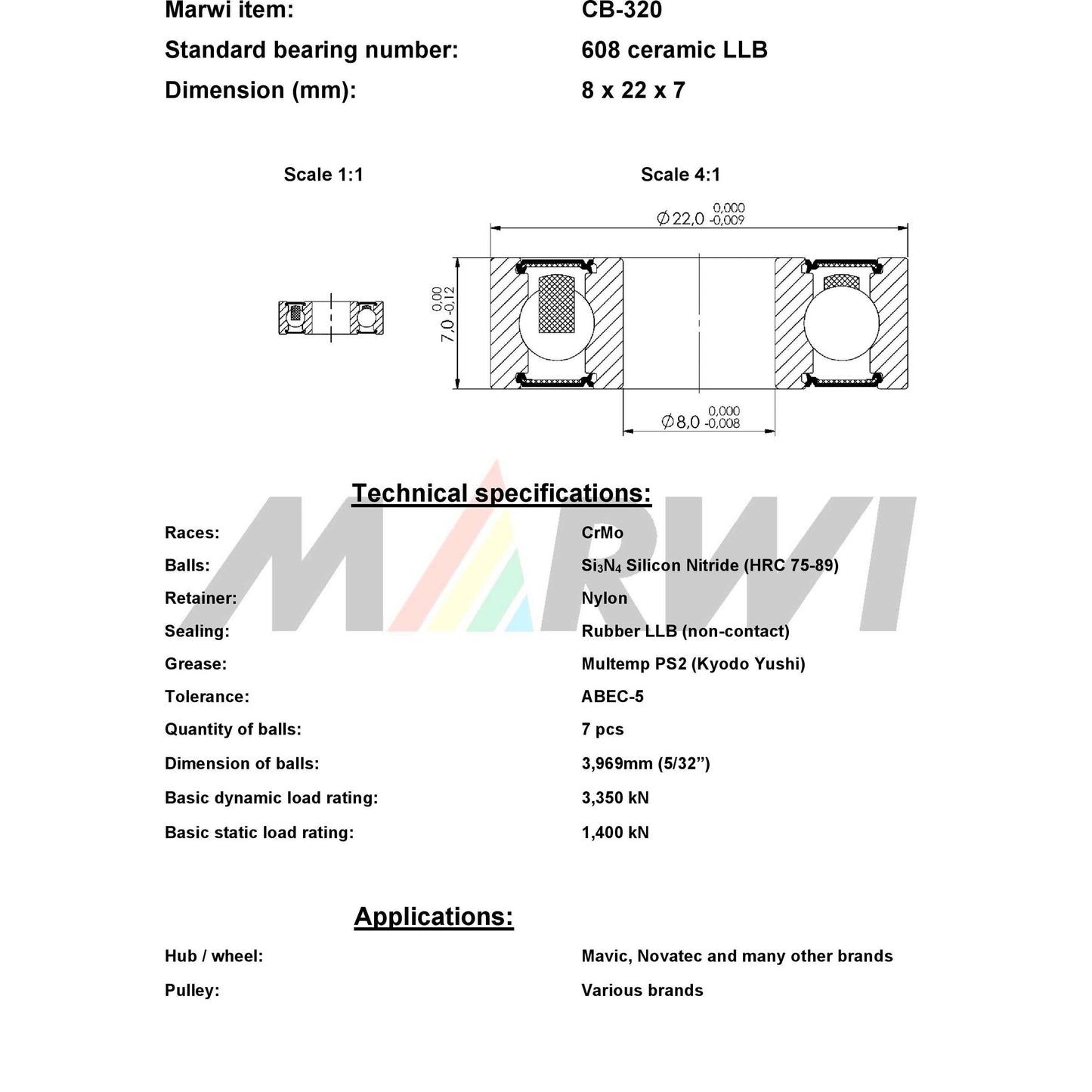 Union Kogellager CB-320 608 LLB 8x22x7 Keramik