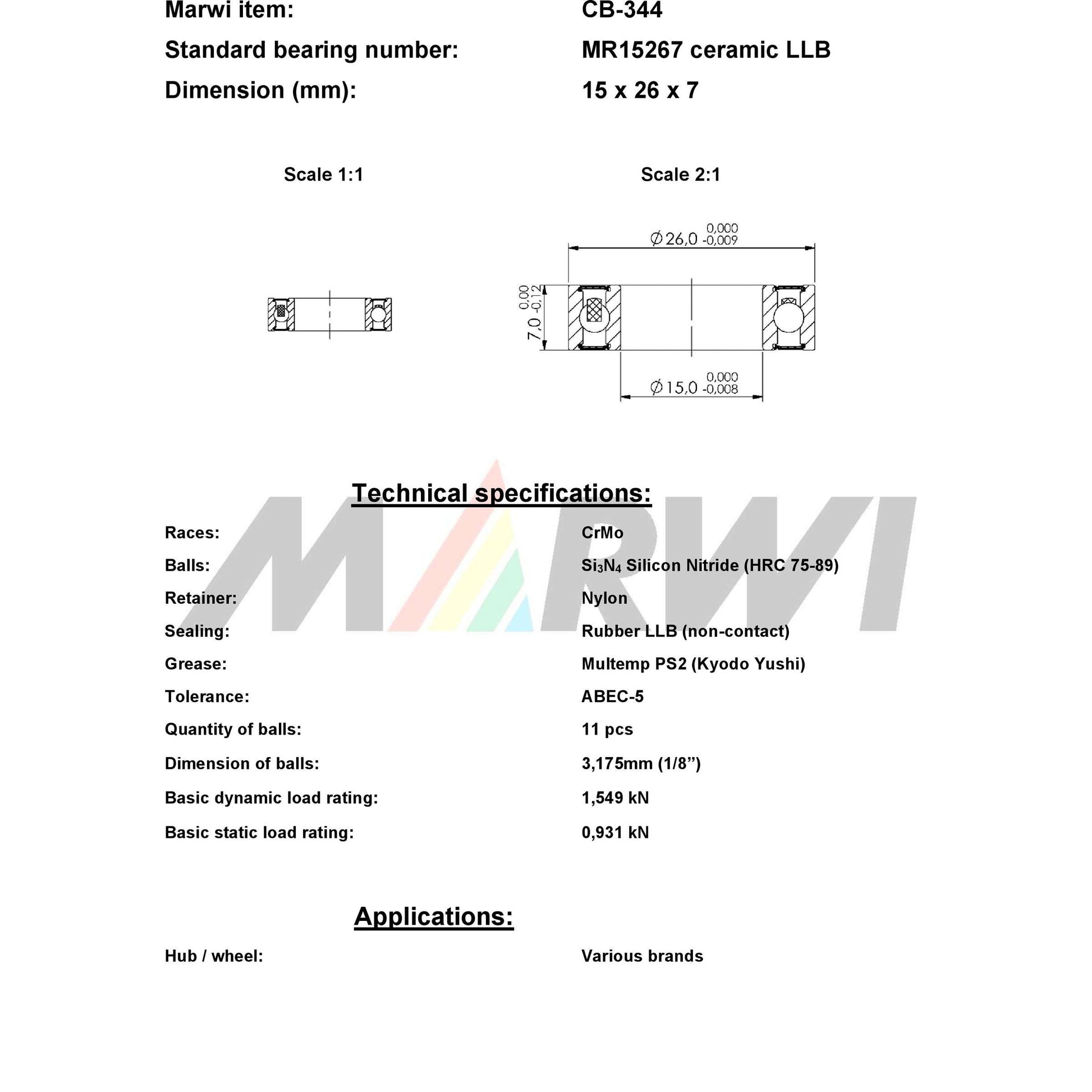 Union Kogellager CB-344 LBB MR15267 15x26x7 Keramik