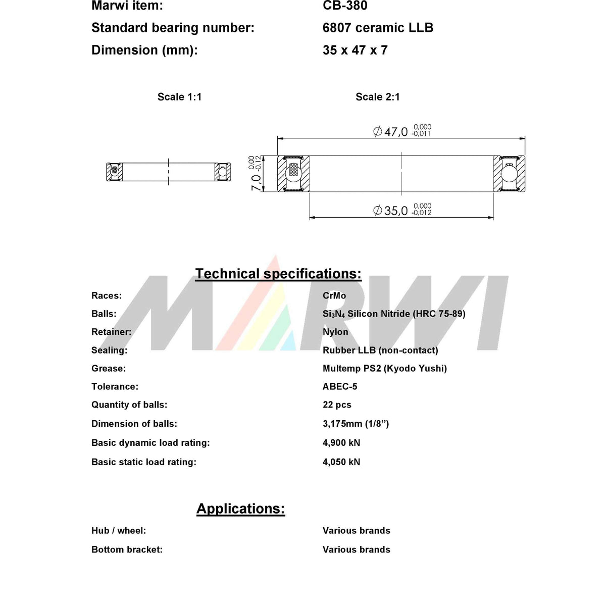 Union Kogellager CB-380 6807 LLB 35x47x7 Keramik