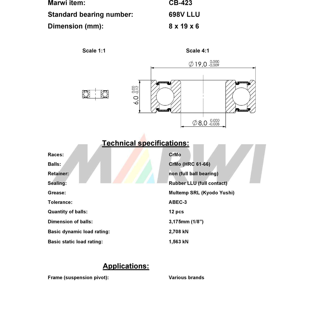 Union Kogellager Max CB-423 698V LLU 8x19x6 Keramik