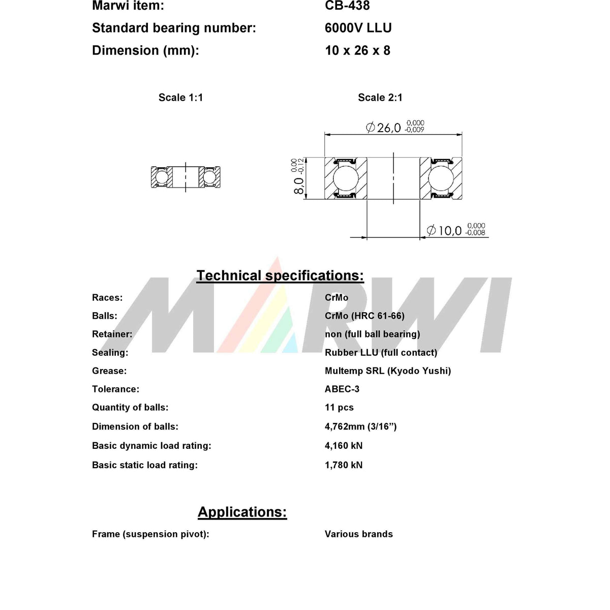 Union Kogellager Max CB-438 6000V LLU 10x26x8