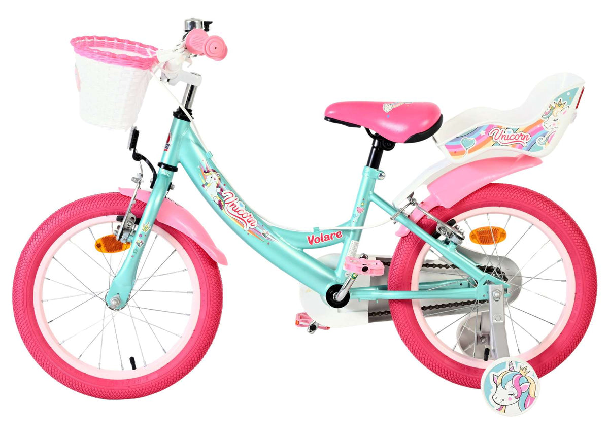 Volare Einhorn Kinderfahrrad – Mädchen – 16 Zoll – Grün – zwei Handbremsen