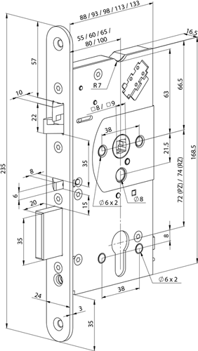 Abloy el560 Sicherheits-Paniktürschloss | einseitig griffgesteuert | selbsthemmend | skg** | dm80mm | pc72mm | Edelstahl-Frontplatte 24x235mm abgerundet | 12 24 V Gleichstrom | dr 1+2+3+4 - 10013887